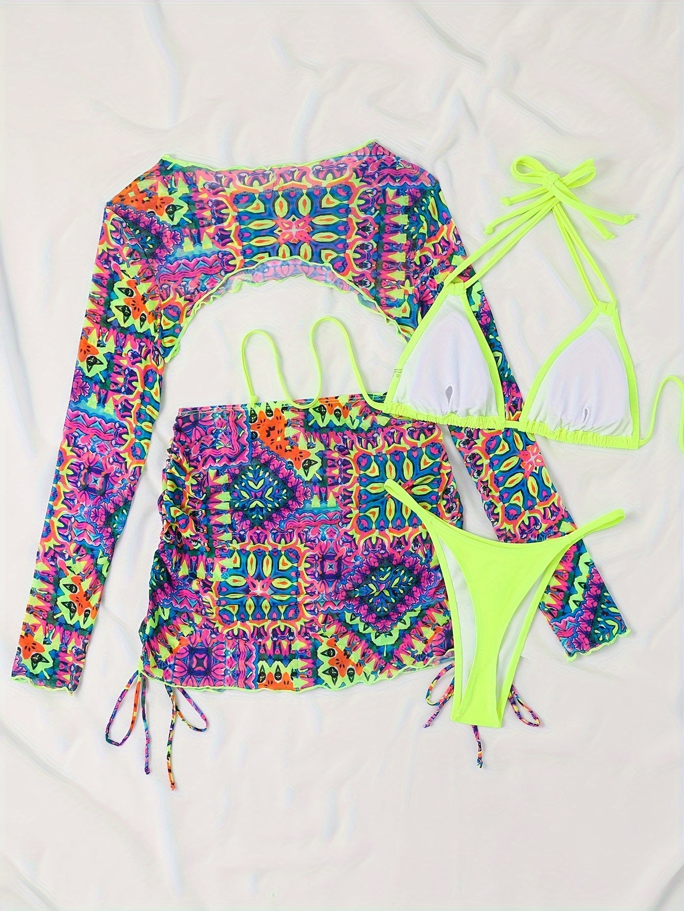 4-Piece Bikini Swimsuit Set - Vibrant Allover Print, Chic Halter Neck, Adjustable Tie Back, Flattering Backless High-Cut, Long Sleeves, Detachable Cover Up Shrug, and Flowy Skirt - Womens Swimwear & Clothing Essentials
